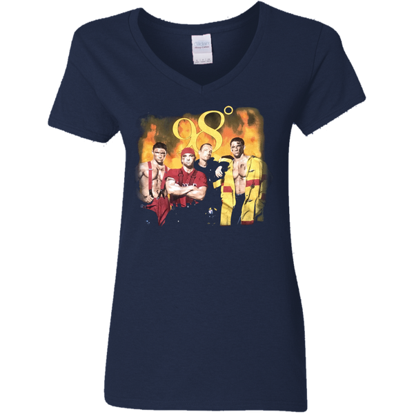 Vintage 1990s 98 DEGREES 'Heat It Up' 1998 Tour Black Concert T-SHIRT Size Large NSYNC Backstreet Boys Boy Band Gildan Ladies V-Neck T-Shirt 2311