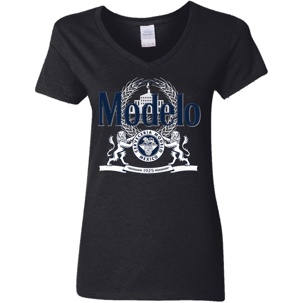 Modelo Navy and White Logo Premium Ladies V-Neck T-Shirt 0511