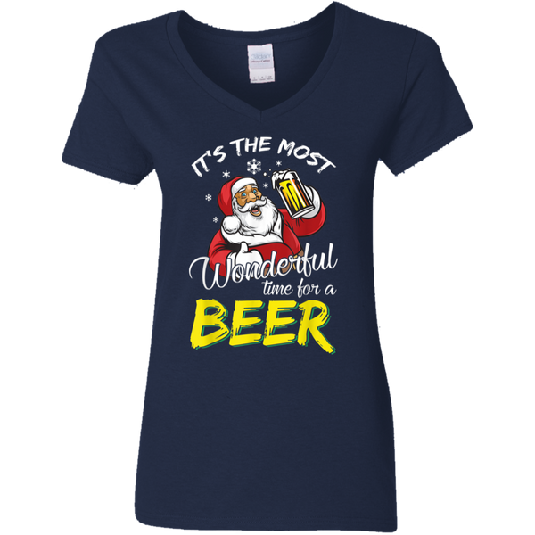 Santa Claus It's The Most Wonderful Time For A Beer - Christmas Gift Ladies V-Neck T-Shirt 2111