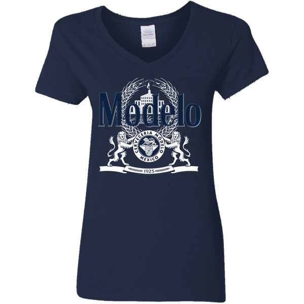 Modelo Navy and White Logo Premium Ladies V-Neck T-Shirt 0511