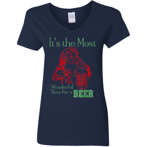 Santa Claus It's The Most Wonderful Time For A Beer - Funny Christmas Ladies V-Neck T-Shirt 2011