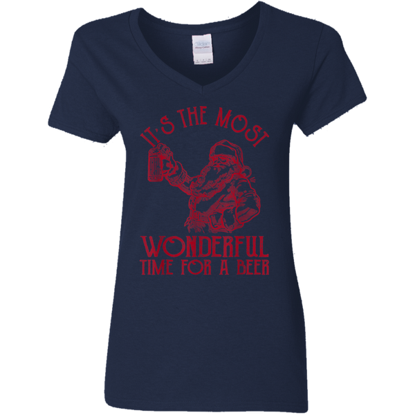 Santa Claus It's The Most Wonderful Time For A Beer  Christmas Ladies V-Neck T-Shirt 2111