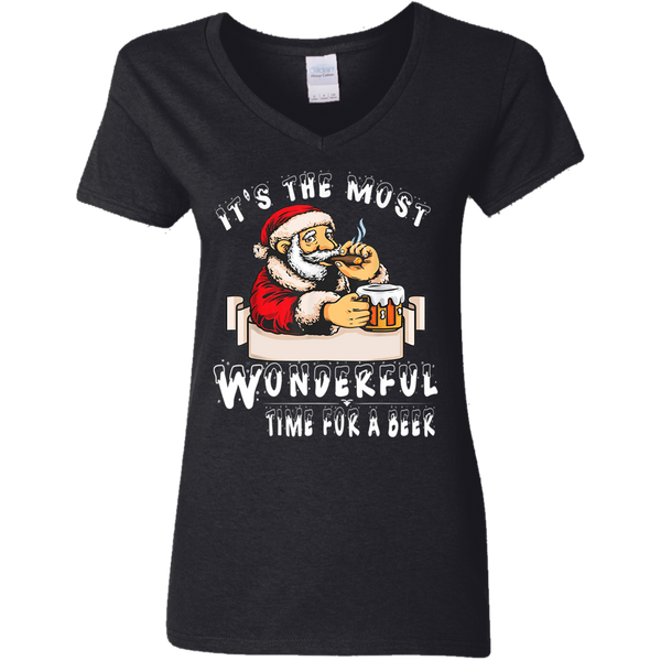 Santa Claus Christmas It's The Most Wonderful Time For A Beer Ladies V-Neck T-Shirt 2111