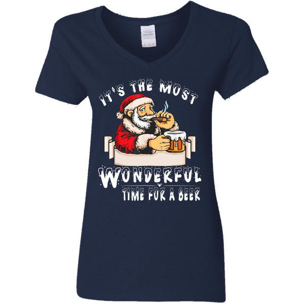 Santa Claus Christmas It's The Most Wonderful Time For A Beer Ladies V-Neck T-Shirt 2111