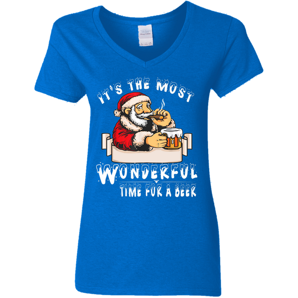 Santa Claus Christmas It's The Most Wonderful Time For A Beer Ladies V-Neck T-Shirt 2111