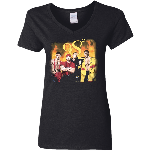 Vintage 1990s 98 DEGREES 'Heat It Up' 1998 Tour Black Concert T-SHIRT Size Large NSYNC Backstreet Boys Boy Band Gildan Ladies V-Neck T-Shirt 2311