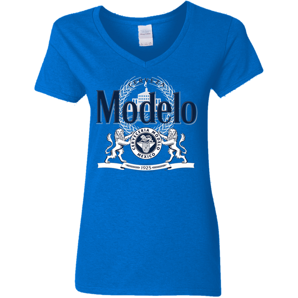 Modelo Navy and White Logo Premium Ladies V-Neck T-Shirt 0511