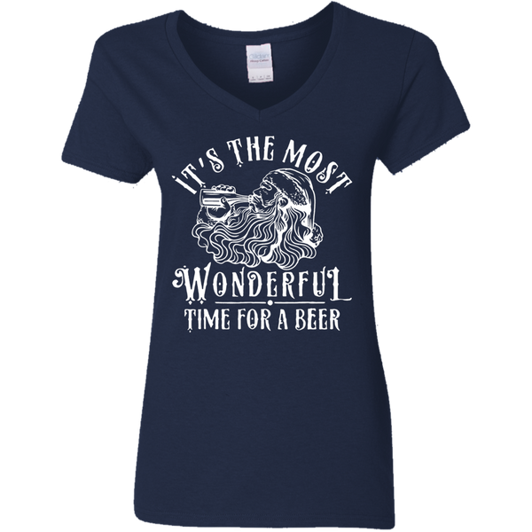 Santa Claus - It's The Most Wonderful Time For A Beer Ladies V-Neck T-Shirt 2111