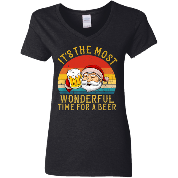 Santa Claus It's The Most Wonderful Time For A Beer - Vintage Ladies V-Neck T-Shirt 2111