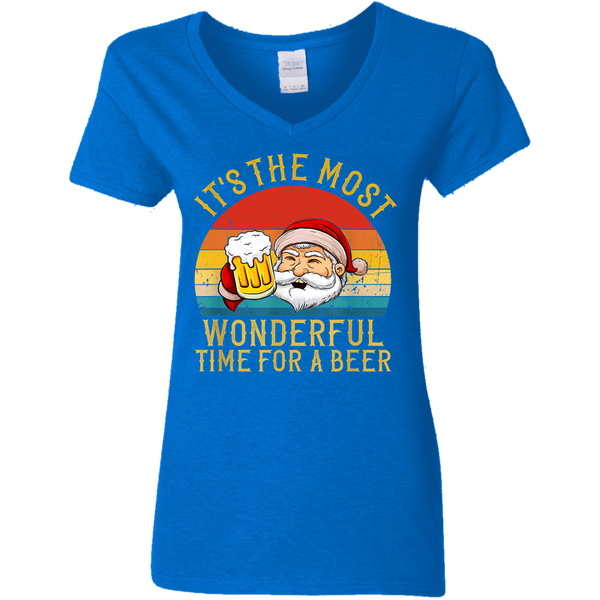 Santa Claus It's The Most Wonderful Time For A Beer - Vintage Ladies V-Neck T-Shirt 2111