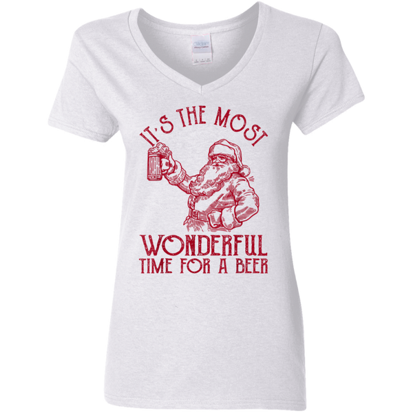 Santa Claus It's The Most Wonderful Time For A Beer  Christmas Ladies V-Neck T-Shirt 2011