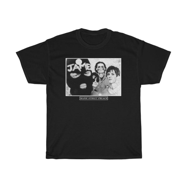 Rarevtg Manic Street Preas Line Up Faster Top Of The Pops Balaclava James Torn Distress Shirt Us Version 1610 Unisex Heavy Cotton Tee